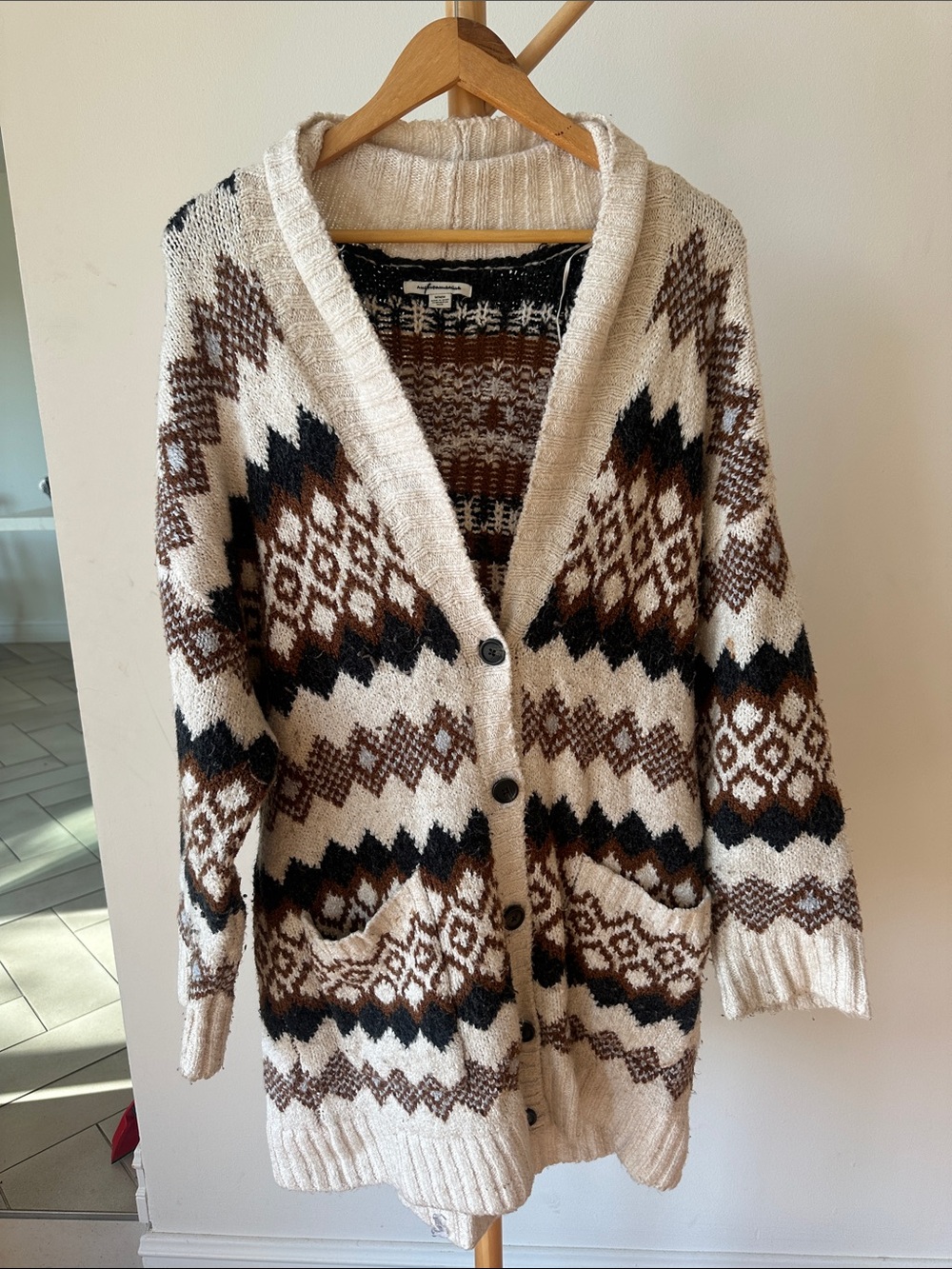 American Eagle Outfitters Cream, Brown & Black Fair Isle Button Cardigan